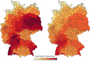 Anzahl der Hitzewarnungen im Sommer 2018 (links) und während der Hitzewelle vom 23. Juli bis 9. August (rechts).