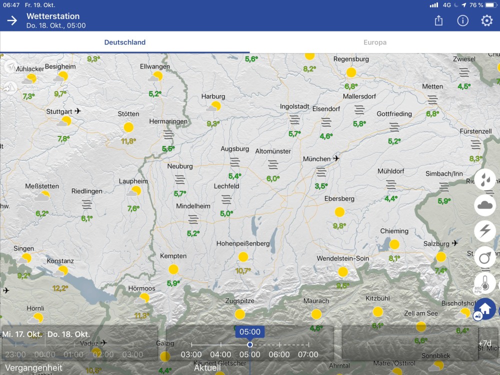 In der WarnWetter-App 2.0 hat der DWD die Zahl der angezeigten Bodenstationen in Deutschland und Europa deutlich erhöht und zur besseren Orientierung detailliertere geographische Details unterlegt.