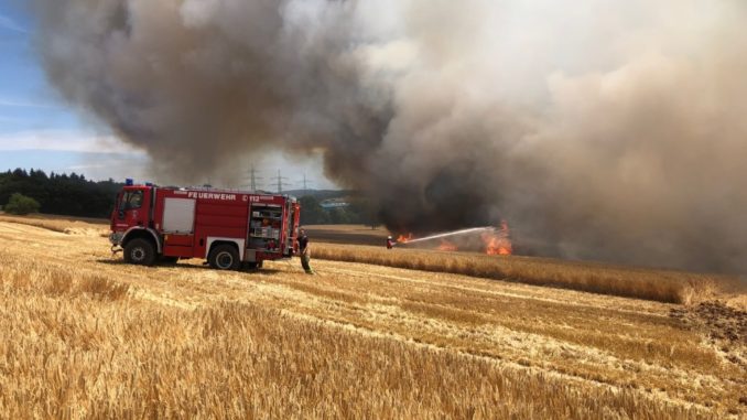 Mehrere Wehren waren vor Ort. Im Vordergrund ein Tanklöschfahrzeug der Feuerwehr Kaiserslautern.