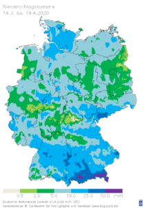 Abbildung 1: Summe der gefallenen Niederschläge vom 14. März 2020 bis 18. April 2020. (Anmerkung: 1mm entspricht 1 l/m²)