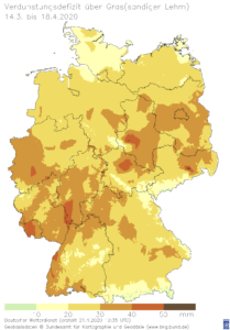 Abbildung 2: Verdunstungsdefizit berechnet aus der Differenz von potentieller Verdunstung und aktueller Verdunstung für den Zeitraum vom 14. März 2020 bis 18. April 2020.