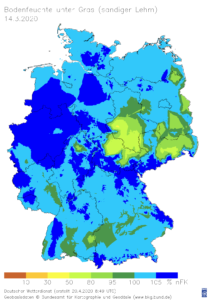 Abbildung 3: Bodenfeuchte angegeben in Prozent nutzbarer Feldkapazität zu Beginn der Vegetationsperiode 2020.