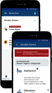 Die Abbildung zeigt die Warn-App NINA mit neuen lokalen Corona-Funktionen. Quelle: BBK