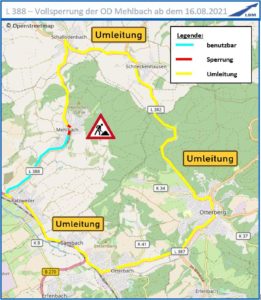 Vollsperrung der Ortsdurchfahrt Mehlbach - Umleitung