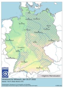 DWD informiert am 18. Juli 2022 über den Hitzetrend, hier für den 20. Juli 2022 © DWD