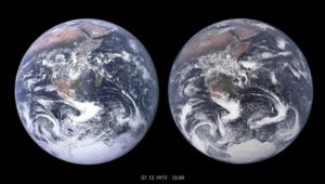 Die linke Erdkugel zeigt das berühmte “Blue Marble”-Foto der Erde, das 1972 von Astronauten der NASA während der Apollo-17-Mission gemacht wurde. Die Erdkugel rechts zeigt eine Visualisierung von Daten aus einer ICON-Simulation mit einem1km-Gitter für Atmosphäre, Land und Ozean. Bildquelle: NASA & MPI-M, DKRZ, NVIDIA