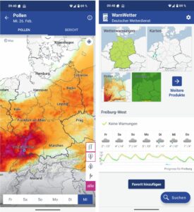 Darstellung der neuen Pollenflugvorhersagen in der Warnwetter-App des DWD © DWD
