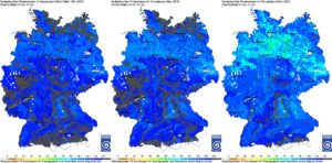 Vergleich der Bodenfeuchteverhältnisse unter Winterweizen im März vieljähriges Mittel (1991-2020), 2018 und 2025 (Quelle: DWD, Modell AMBAV, durchwurzelte Bodenschicht, Böden: BÜK1000N)