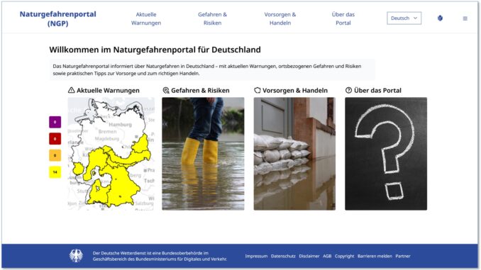 Screenshot der Startseite des Naturgefahrenportals (Quelle DWD)