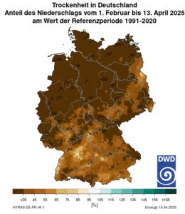 Niederschlagdefizit in Deutschland vom 1. Februar bis 13. April 2025 im Vergleich zum Referenzzeitraum 1991-2020 (Quelle DWD)