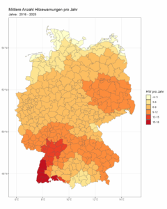 Mittlere Anzahl Hitzewarnungen pro Jahr (2016 – 2025). Seit 2016 gibt der DWD Warnungen auf Landkreisebene aus, nachdem bis dato mehrere Landkreise zu einem Warngebiet zusammengefasst wurden. Die Warnungen sind damit noch genauer geworden. Quelle: DWD